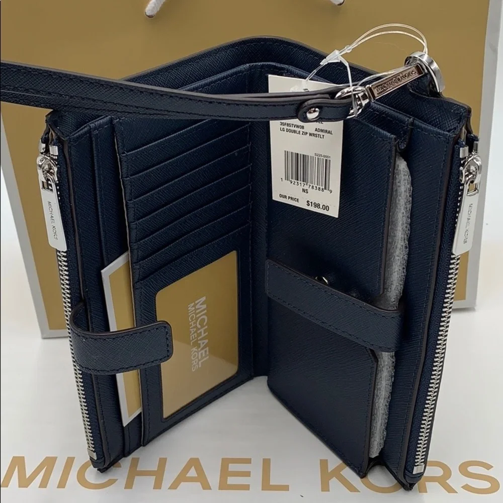 MICHAEL KORS JET SET TRAVEL LG DOUBLE ZIP WRISTLET PHONE HOLDER CASE WALLET NWT